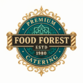 The official circular brand logo for Food Forest Catering featuring a deep teal background, an intricate golden filigree border, and a black horizontal banner across the center with the words 'FOOD FOREST ESTD 1980 CATERING' printed in gold typography.