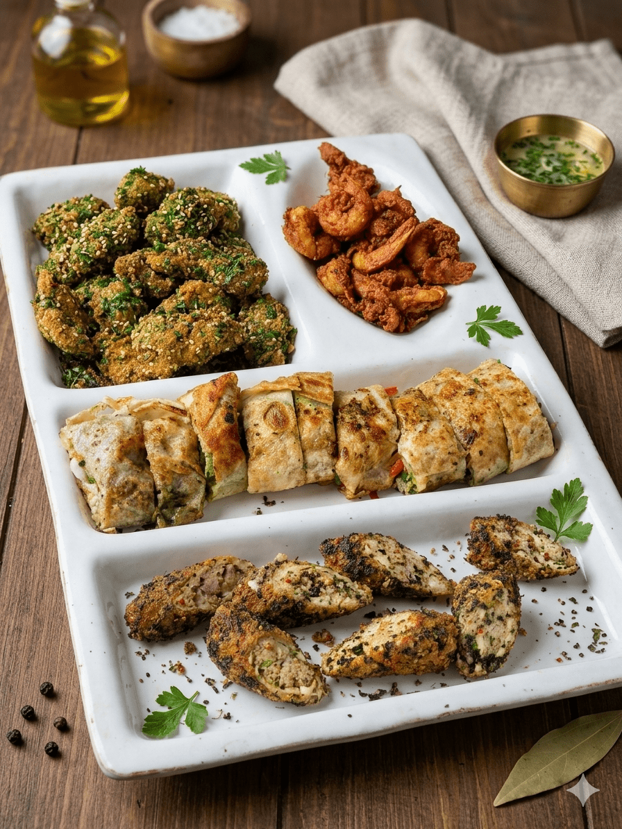 Food Forest Catering mixed starter platter with sesame bites crispy prawns kathi roll and herb chicken on white tray