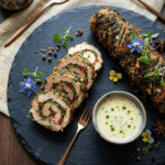 Food Forest Catering herb crusted stuffed chicken roulade sliced on slate board with creamy sauce and edible flowers