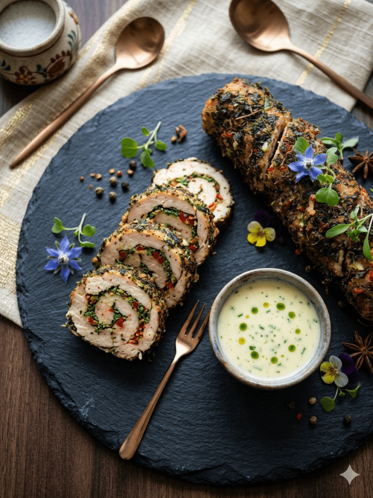 Food Forest Catering herb crusted stuffed chicken roulade sliced on slate board with creamy sauce and edible flowers