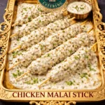 Food Forest Catering Chicken Malai Stick skewers in creamy malai sauce on gold tray with herb dipping sauce