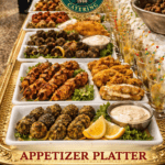 Food Forest Catering premium appetizer platter with kebabs, fried snacks and dipping sauce on gold tray