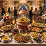 Food Forest Catering Ramadan Kareem Iftar party buffet spread with biryani dates kebabs samosa fruits and drinks at decorated venue