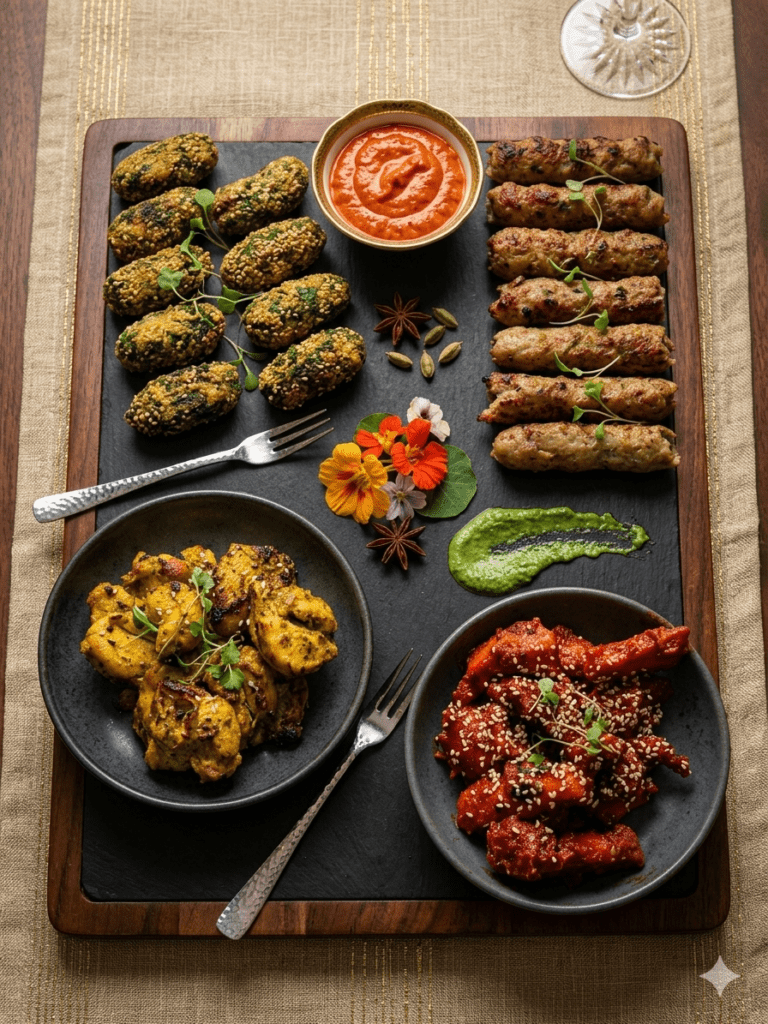 Food Forest Catering mixed kebab and starter platter with seekh kabab sesame bites chicken tikka and chilli chicken on slate board