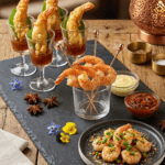 Food Forest Catering prawn tempura shooter glasses and grilled prawns platter with dipping sauces on slate board