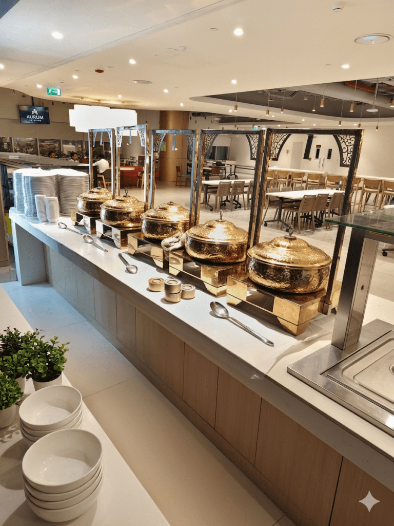 A long white catering counter displaying five luxurious, closed brass or hammered-gold chafing dishes with matching serving spoons, stacks of white ceramic plates and bowls, and a modern dining hall background.