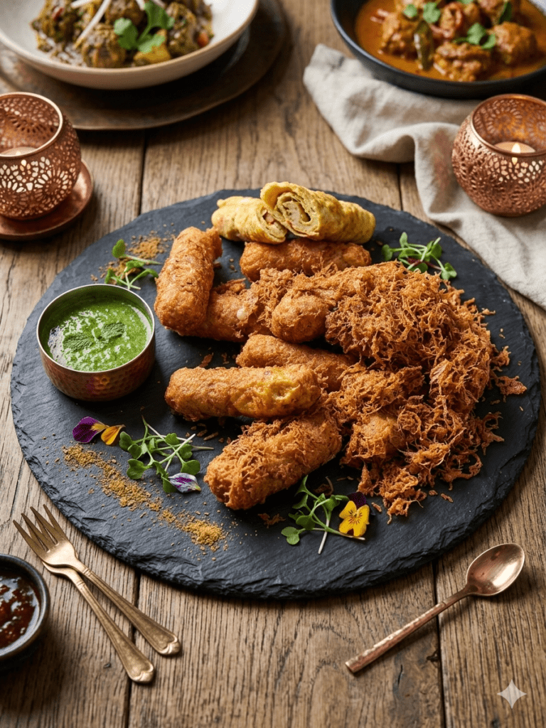 Food Forest Catering crispy fried chicken starters and kathi rolls on slate board with mint chutney and edible flowers