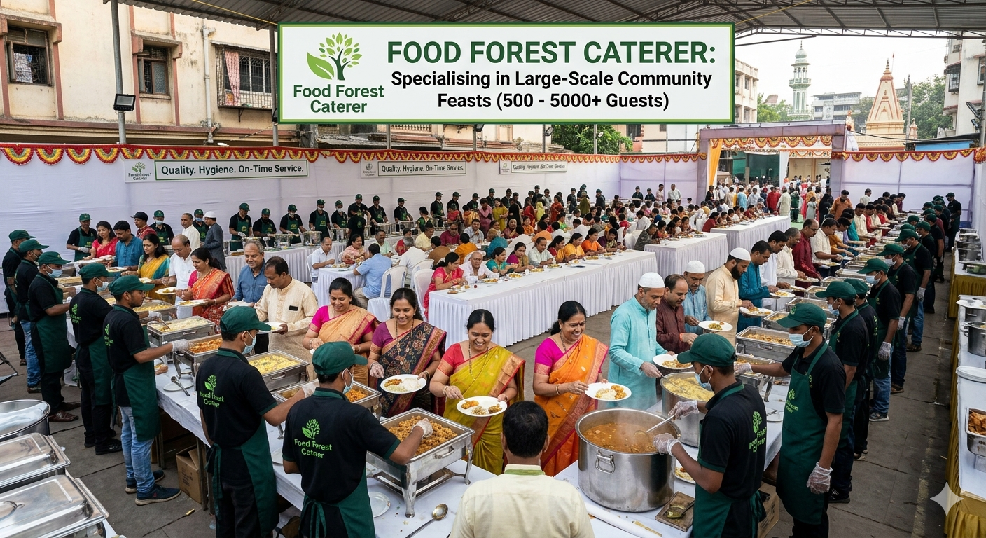A bustling documentary-style photograph of a large outdoor community catering event in Mumbai managed by Food Forest Caterer. The image shows a very long, organized buffet line staffed by caterers in uniform green aprons serving hundreds of diverse guests. Behind them, rows of tables are filled with people happily eating. A large banner prominently features the "Food Forest Caterer" logo and details their specialization in feeding 500 to 5000+ guests. The scale is massive, illustrating a busy community gathering.