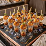 Food Forest Catering glazed prawn cocktail shooters in glass cups with edible flowers and spiced sauce on slate tray