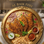 Food Forest Catering Al Baik Fish crispy fried fish fillets on gold platter with mint raita grilled naan and chutney
