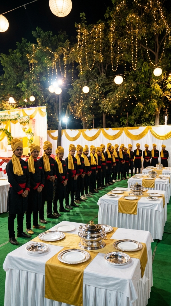 Vertical photograph of a lined procession of guards in black uniforms and gold turbans at an outdoor Indian event at night.