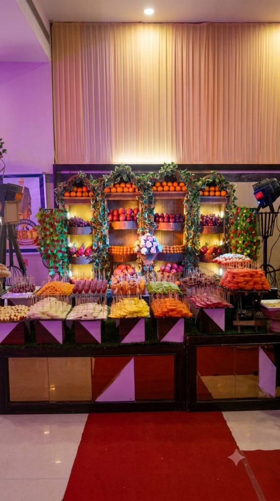 A high-angle close-up of a premium, creative mocktail and welcome drink display for a catered event. The presentation features a variety of vibrant beverages in elegant glassware, including bright green mint mocktails, a creamy white drink, a pink fruit blend, a hollowed-out yellow bell pepper serving a tropical drink, and a hollowed-out watermelon used as a creative beverage dispenser with a straw. In the background, rows of inverted, polished glassware sit neatly on a silver tablecloth.