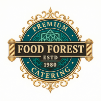 The official circular brand logo for Food Forest Catering featuring a deep teal background, an intricate golden filigree border, and a black horizontal banner across the center with the words 'FOOD FOREST ESTD 1980 CATERING' printed in gold typography.